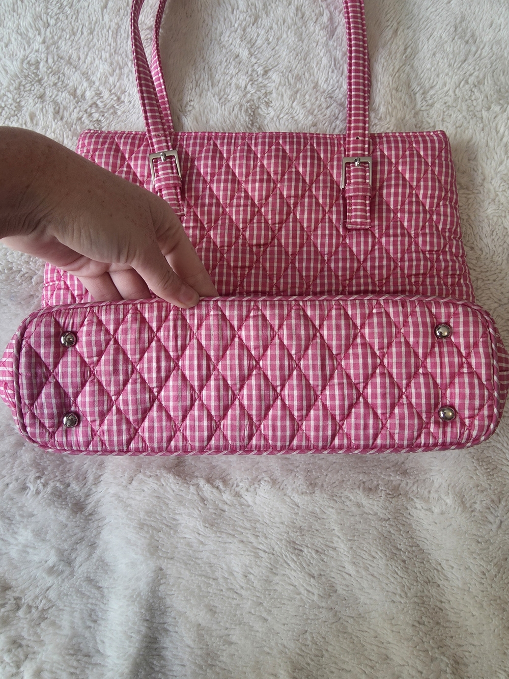Vera Bradley Pink/White Gingham Quilted Tote Magnetic Snap Pockets Zip - Picture 2 of 10